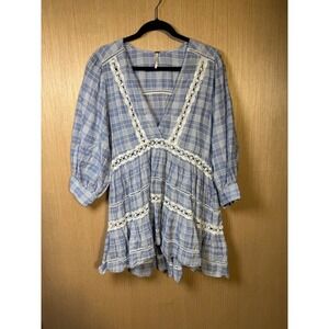 Free People Plaid Mini Dress Womens Small Blue White Lace Trim Long Sleeve